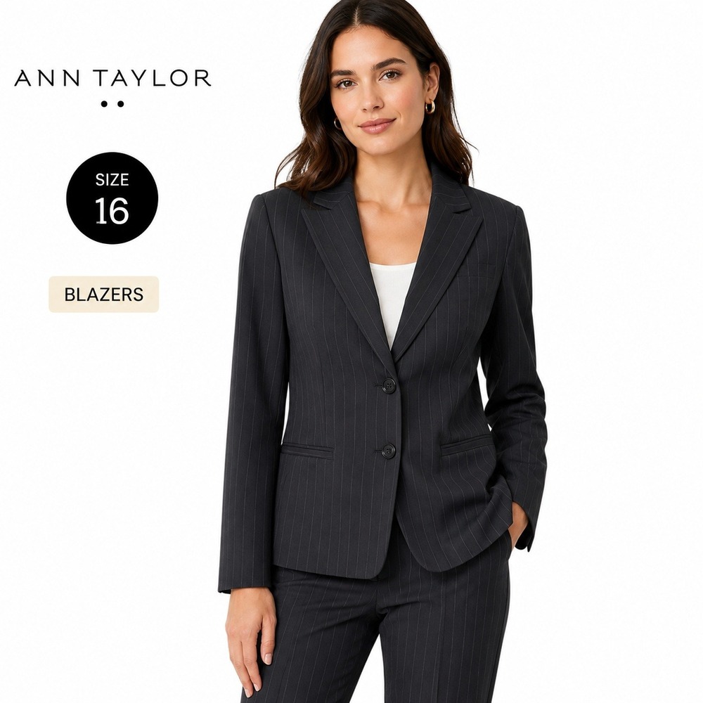Ann Taylor Pinstripe Blazer Womens 16 Steel Blue 2 Button Tailored Professional